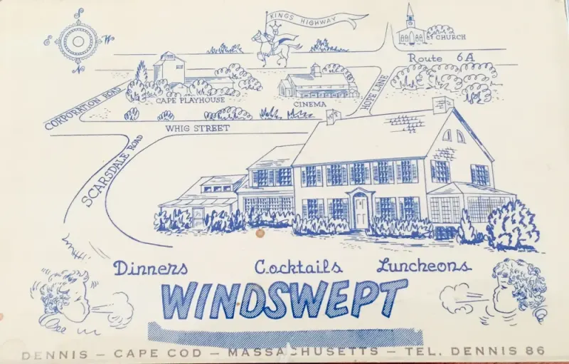 Vintage Windswept menu cover sketch of the Inn: dinners, cocktails, luncheons